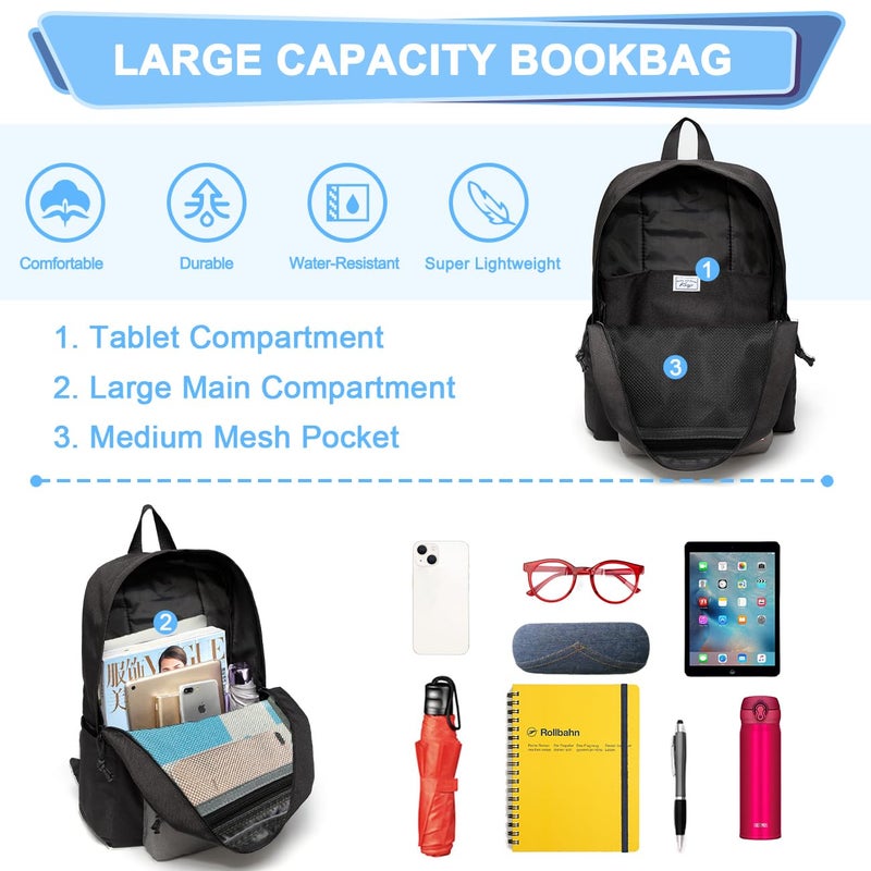 Kasqo Lightweight School Backpack, Water-Resistant Casual College Bookbag for Men Women Teen Girls Boys, Black and Gray - Image 4